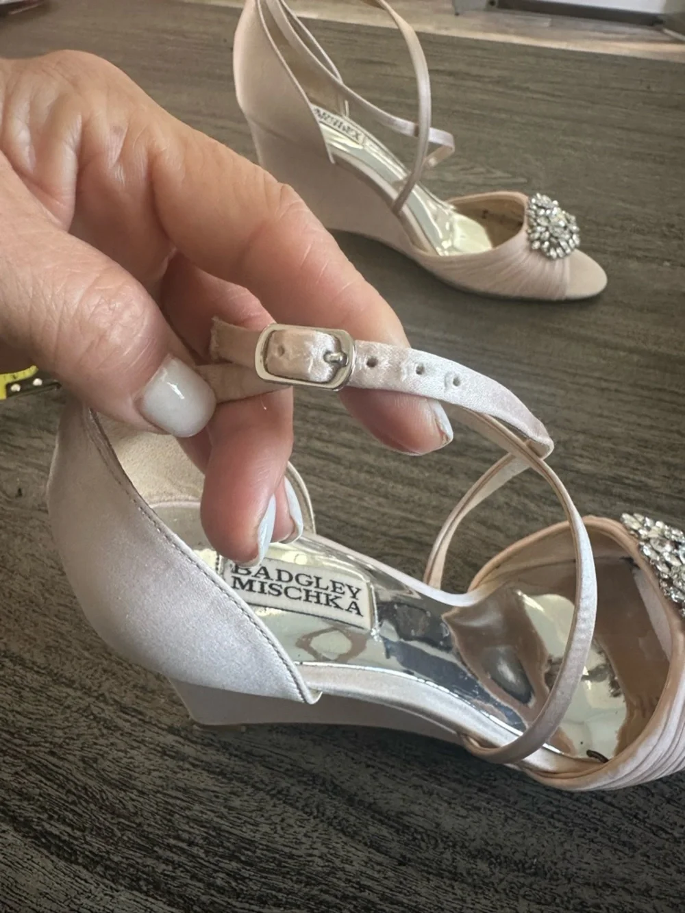 Badgley Mischka Rose Gold Satin Wedge Sandal with Crystal Accent - Picture 11 of 11